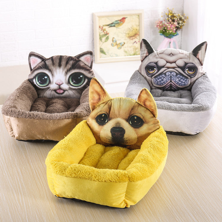 Petlivo Cuddle Nest Cartoon Pet Bed with a friendly animal face design, plush calming cuddler bed for small dogs and cats