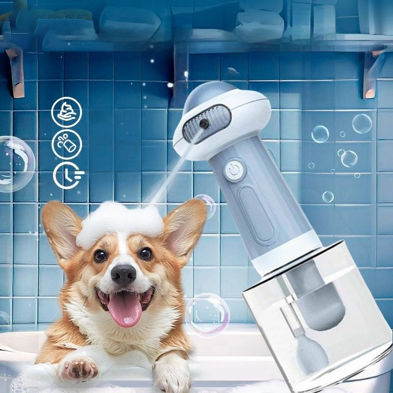 Petlivo Foamy Pet Bubble Bath Machine in soft blue and white, rechargeable pet shampoo foamer with clear reservoir for dogs and cats