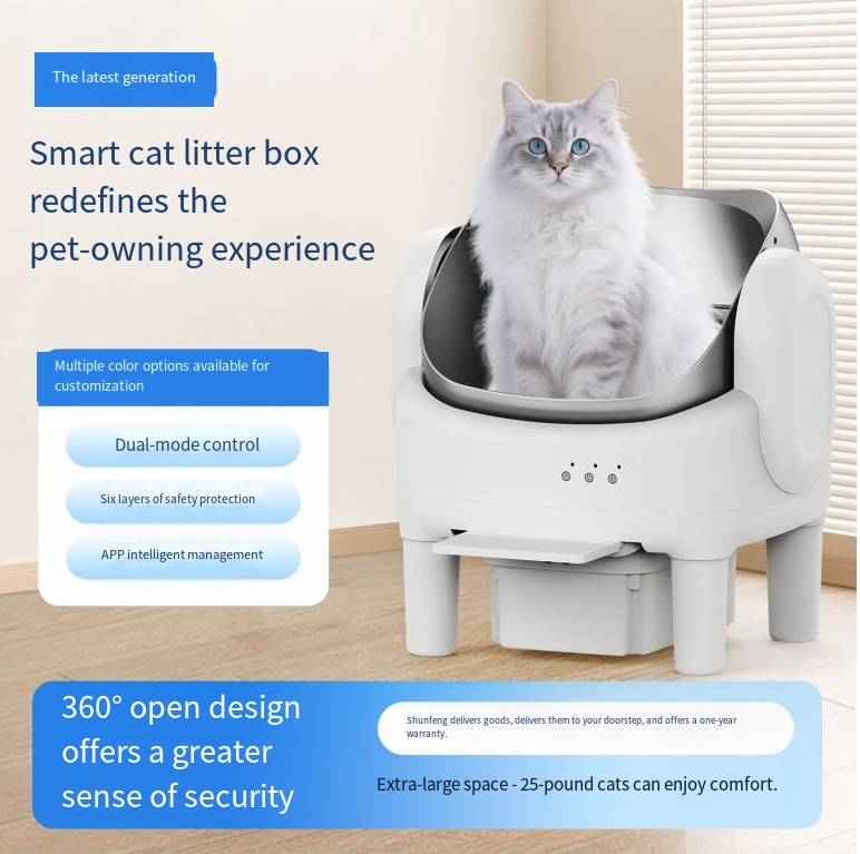 Long haired orange and white cat sitting inside the open top Petlivo Halo Smart Litter Box against a soft blue sky background