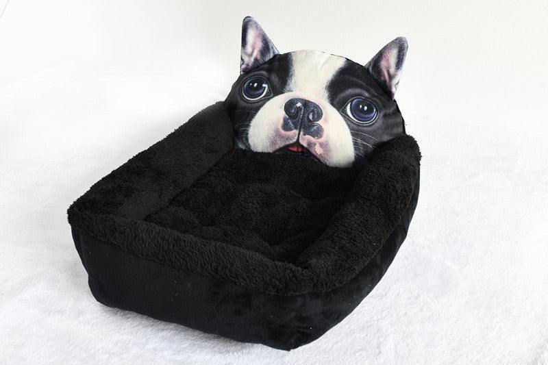Petlivo Cuddle Nest Cartoon Pet Bed size and material detail showing arctic velvet outer shell and high elastic PP cotton fill