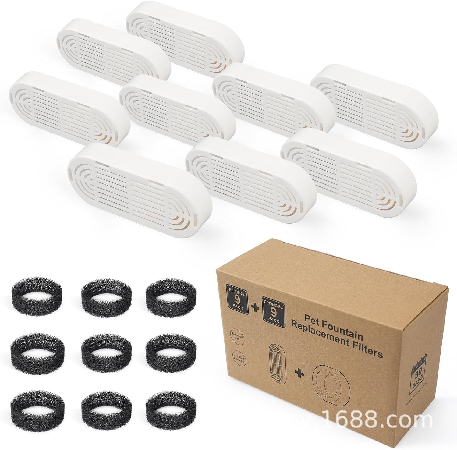 Petlivo pet water fountain components including pump, filter cartridge, and power adapter options