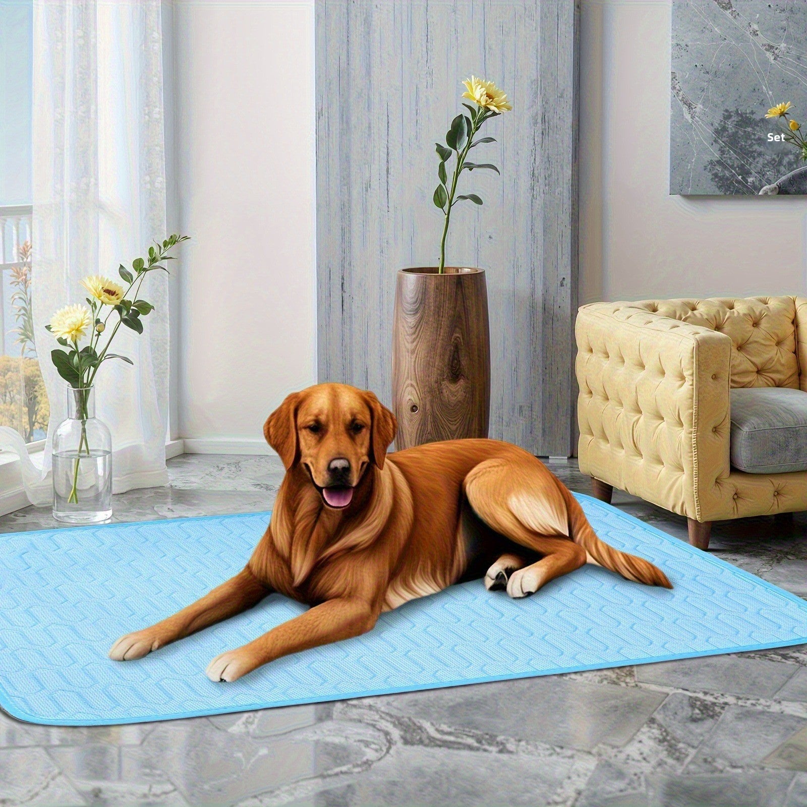 Petlivo Cooling Mat in use with dog resting on cool ice silk surface