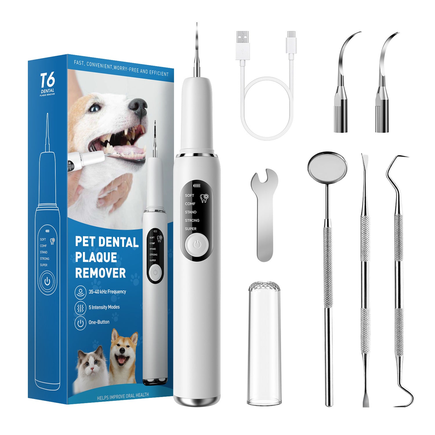 Petlivo Ultrasonic Tooth Cleaner USB charging dock and accessory layout