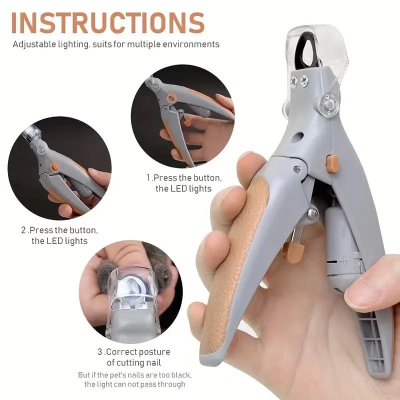 Petlivo LED Nail Clipper feature diagram showing nail trapper magnification lens battery compartment blade replacement lever and ergonomic grip handles