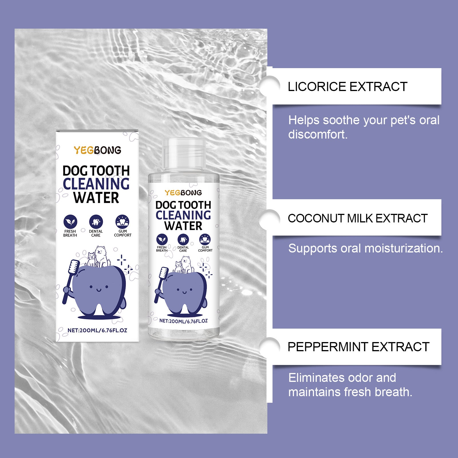 Petlivo Dental Care Water natural ingredients peppermint extract coconut milk extract and licorice extract for pet oral health