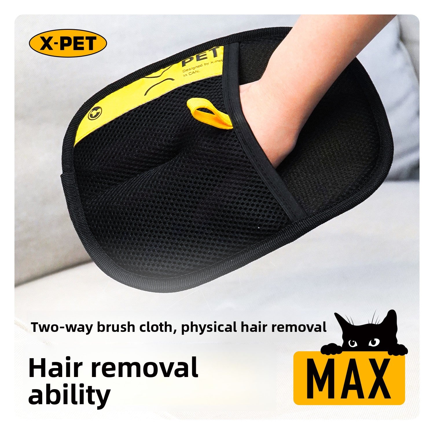 Petlivo Static Pet Hair Removal Glove on hand showing electrostatic mesh side for cat and dog hair removal