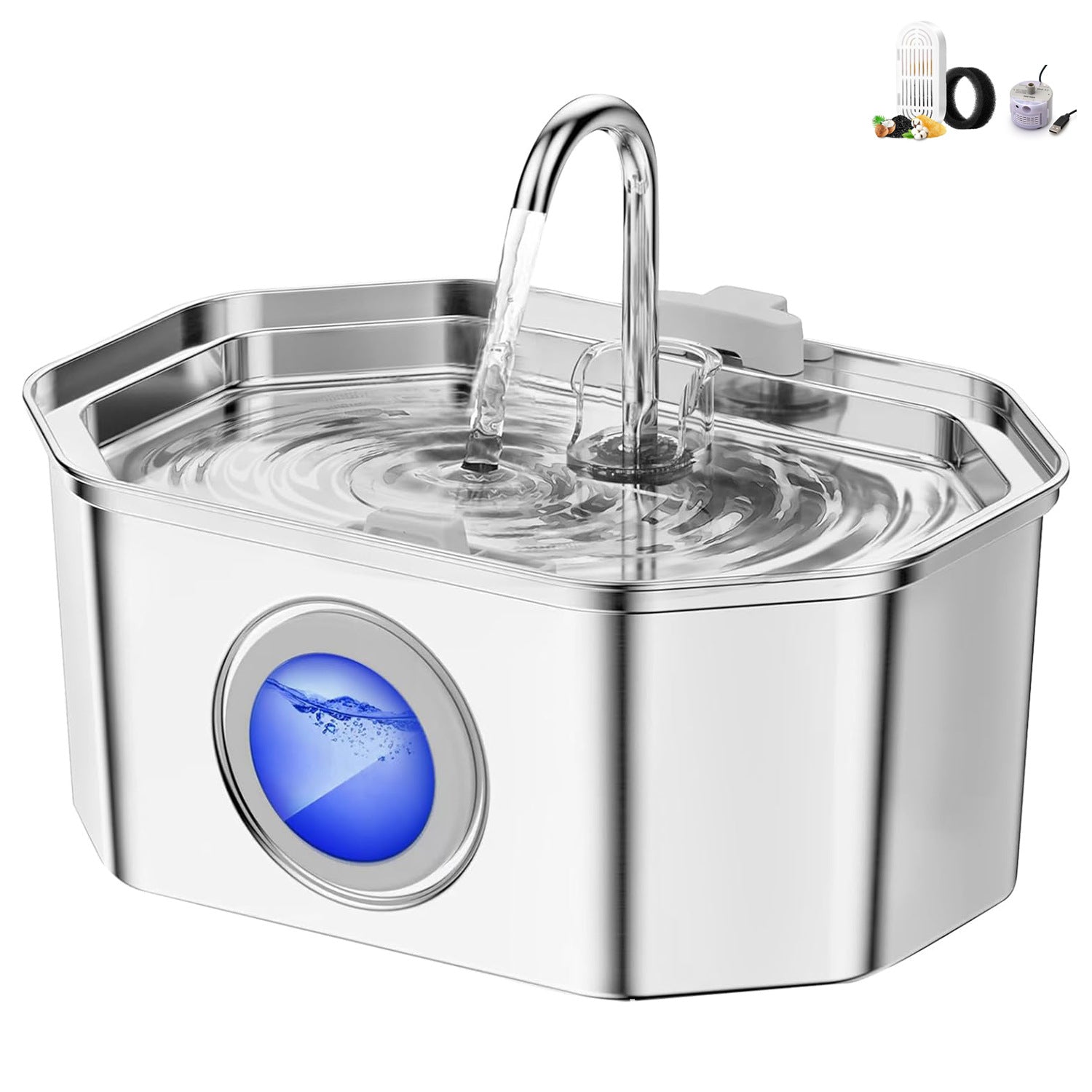 Petlivo pet water fountain in food-grade 304 stainless steel, full front view of the 3.2 liter octagonal basin with curved chrome spout