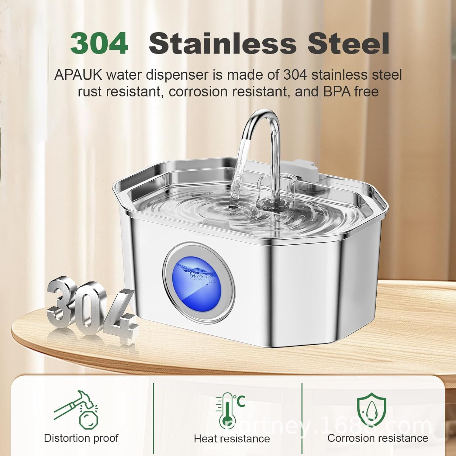 Pet water fountain with water flowing from the curved chrome spout into the stainless steel basin, ultra-quiet 25 dB operation