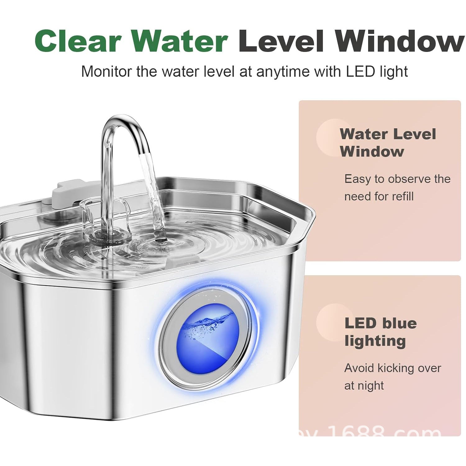 Petlivo pet water fountain top-down view showing the wide stainless steel drinking surface for cats and small dogs